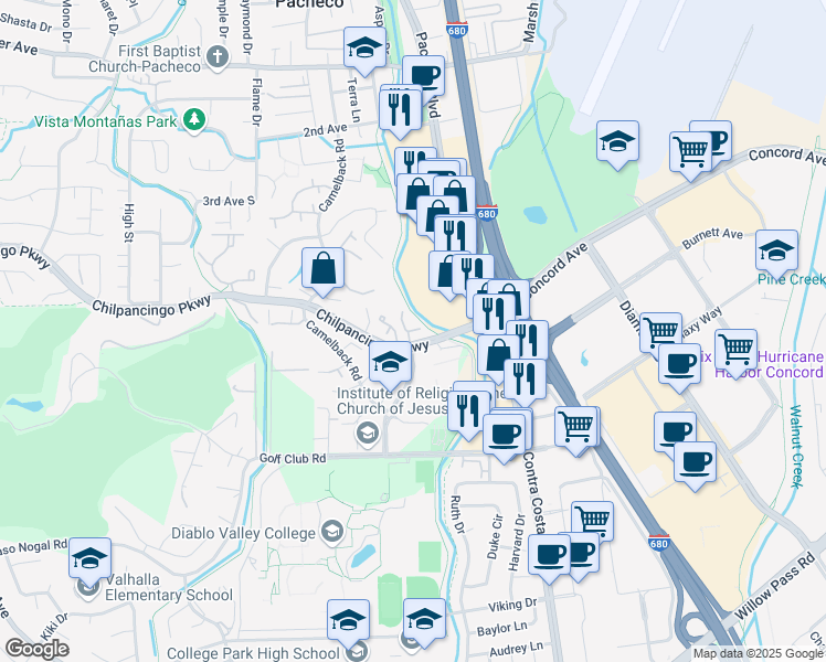 map of restaurants, bars, coffee shops, grocery stores, and more near 100 Chilpancingo Parkway in Pleasant Hill