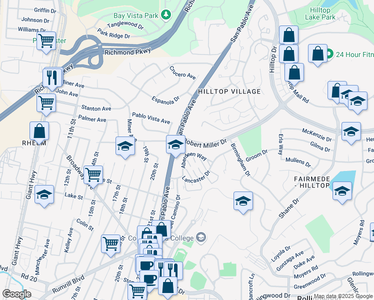 map of restaurants, bars, coffee shops, grocery stores, and more near 2409 Aberdeen Way in San Pablo