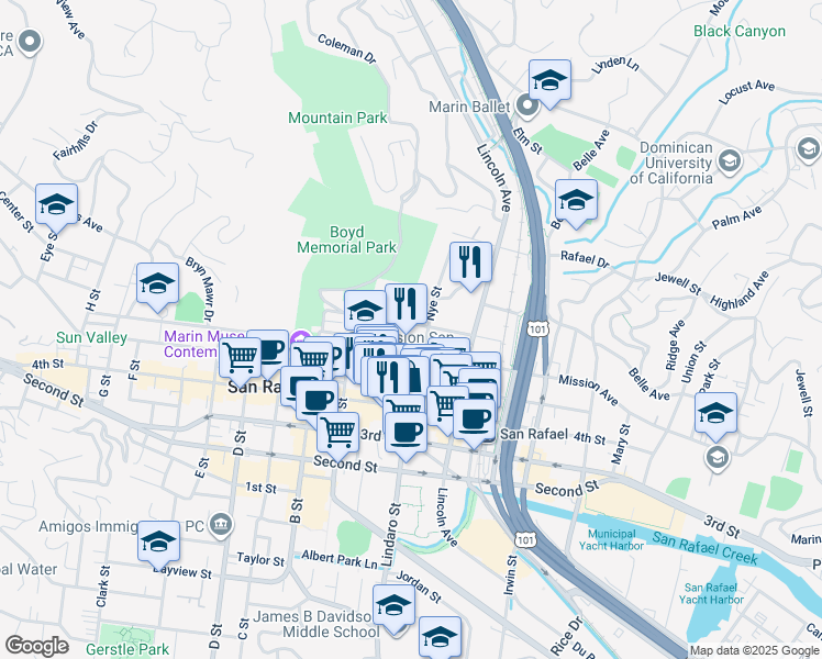 map of restaurants, bars, coffee shops, grocery stores, and more near 225 Laurel Place in San Rafael