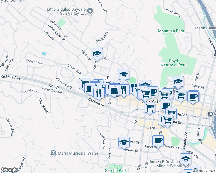 map of restaurants, bars, coffee shops, grocery stores, and more near 1721 Mission Avenue in San Rafael