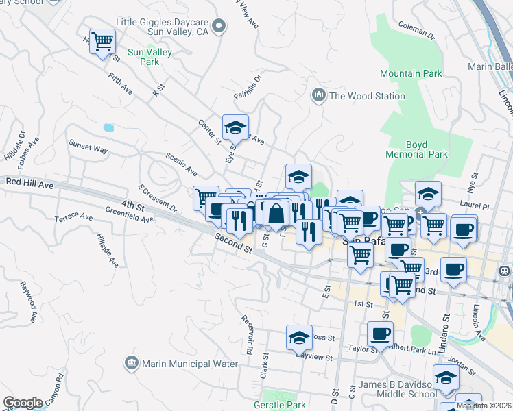 map of restaurants, bars, coffee shops, grocery stores, and more near 1721 Mission Avenue in San Rafael