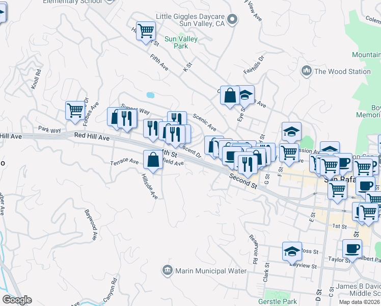 map of restaurants, bars, coffee shops, grocery stores, and more near 30 East Crescent Drive in San Rafael