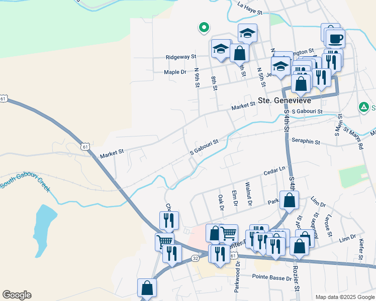 map of restaurants, bars, coffee shops, grocery stores, and more near 194 South 10th Street in Ste. Genevieve