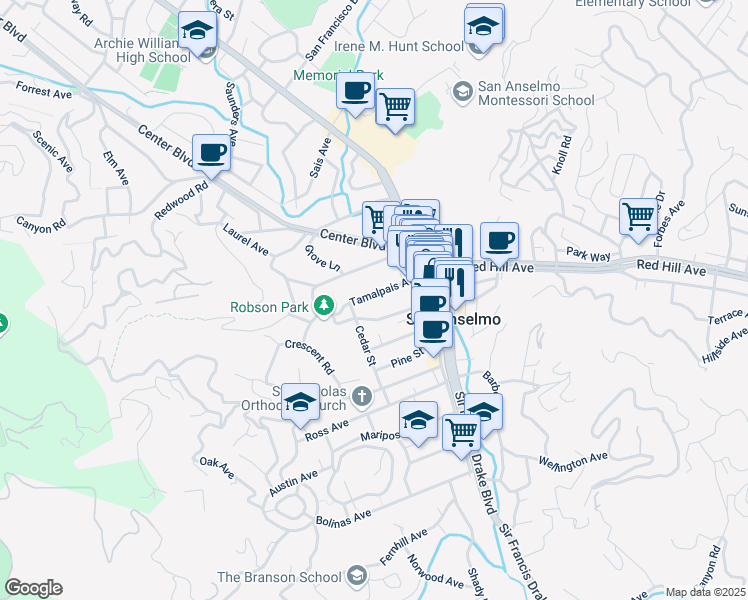 map of restaurants, bars, coffee shops, grocery stores, and more near 57 Tamalpais Avenue in San Anselmo
