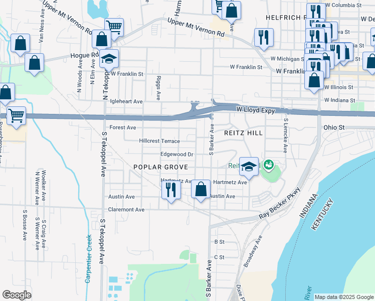 map of restaurants, bars, coffee shops, grocery stores, and more near 3017 Edgewood Drive in Evansville