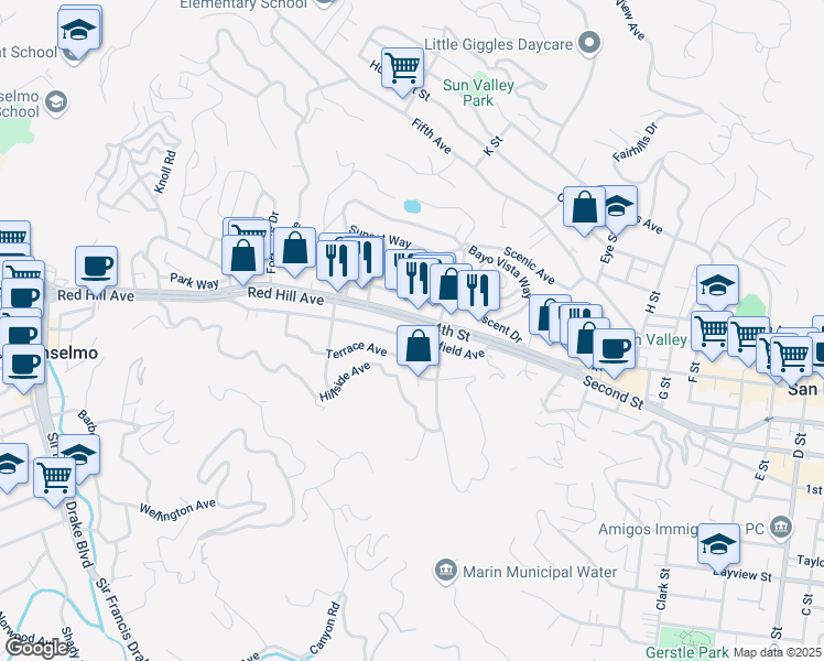 map of restaurants, bars, coffee shops, grocery stores, and more near 128 Greenfield Avenue in San Rafael