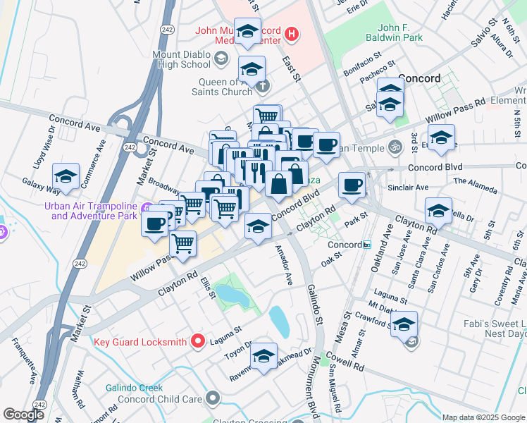map of restaurants, bars, coffee shops, grocery stores, and more near 1825 Galindo Street in Concord