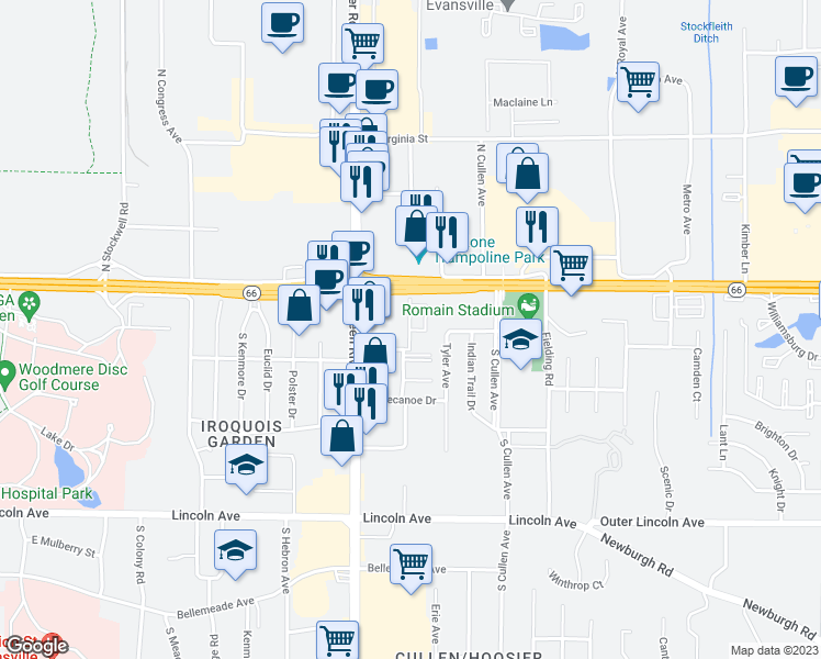map of restaurants, bars, coffee shops, grocery stores, and more near 15 Hampton Court in Evansville
