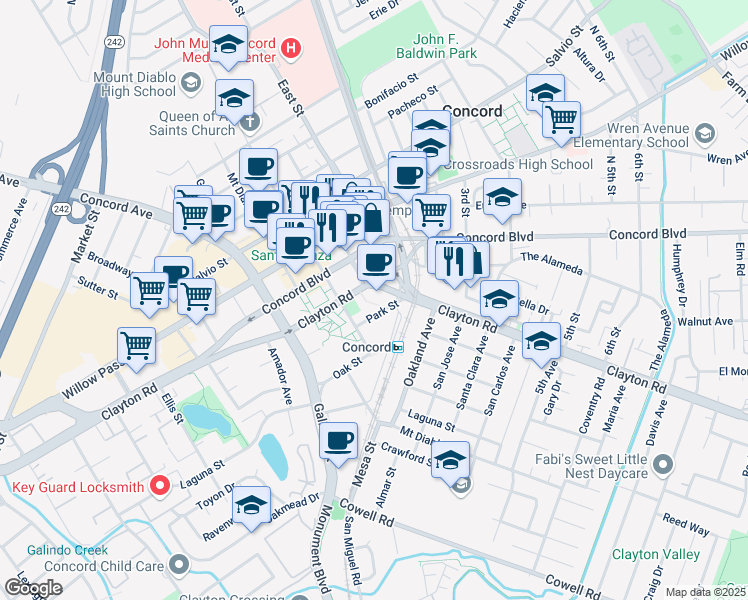 map of restaurants, bars, coffee shops, grocery stores, and more near 2300 Clayton Road in Concord
