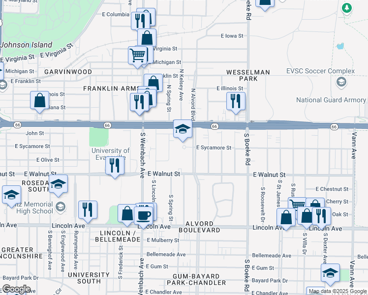 map of restaurants, bars, coffee shops, grocery stores, and more near 21 South Alvord Boulevard in Evansville