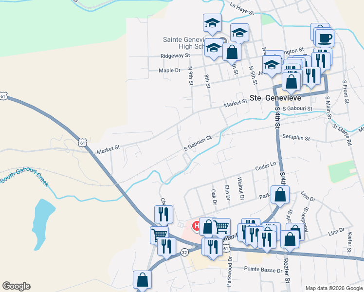 map of restaurants, bars, coffee shops, grocery stores, and more near 194 South 10th Street in Ste. Genevieve