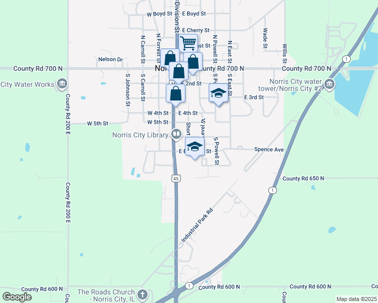 map of restaurants, bars, coffee shops, grocery stores, and more near 205 East Eubanks Street in Norris City