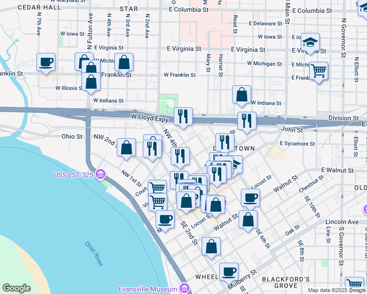 map of restaurants, bars, coffee shops, grocery stores, and more near 409 Ingle Street in Evansville