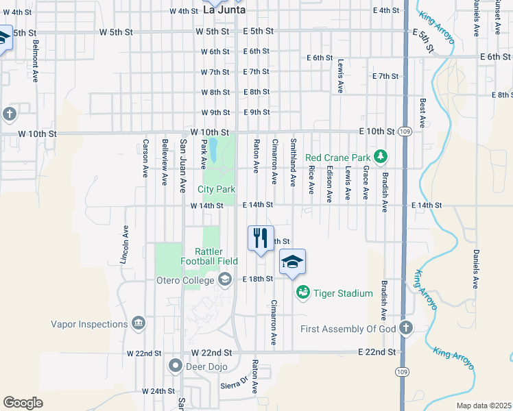 map of restaurants, bars, coffee shops, grocery stores, and more near 1400 Raton Avenue in La Junta