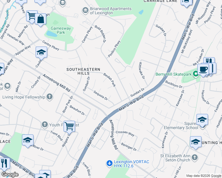 map of restaurants, bars, coffee shops, grocery stores, and more near 3504 Linilo Court in Lexington