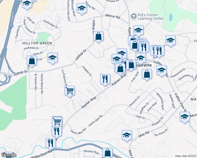 map of restaurants, bars, coffee shops, grocery stores, and more near 462 Corte Arango in El Sobrante