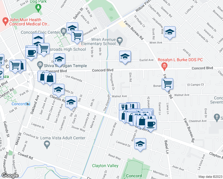 map of restaurants, bars, coffee shops, grocery stores, and more near 1639 Humphrey Drive in Concord