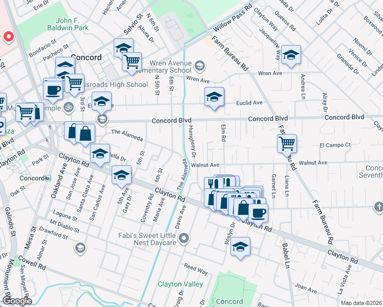 map of restaurants, bars, coffee shops, grocery stores, and more near 1639 Humphrey Drive in Concord