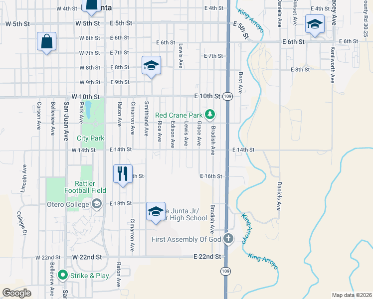map of restaurants, bars, coffee shops, grocery stores, and more near 1399 Lewis Ave in La Junta