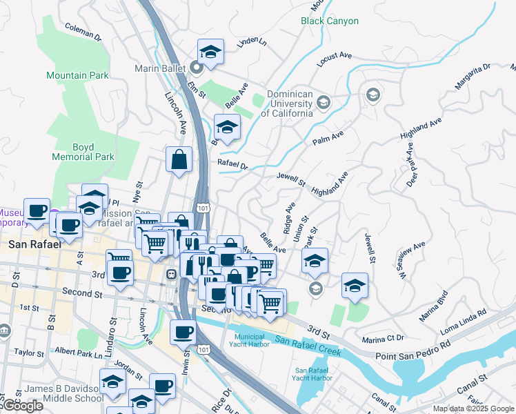 map of restaurants, bars, coffee shops, grocery stores, and more near 22 Terradillo Avenue in San Rafael