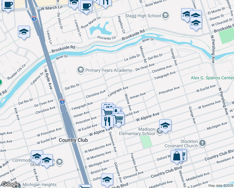 map of restaurants, bars, coffee shops, grocery stores, and more near 2152 Telegraph Avenue in Stockton