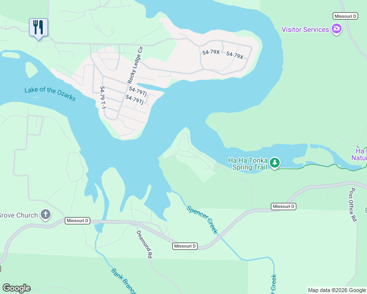 map of restaurants, bars, coffee shops, grocery stores, and more near 476 Tonka Spring Road in Camdenton