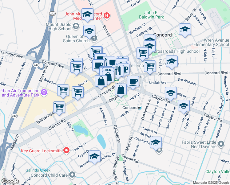 map of restaurants, bars, coffee shops, grocery stores, and more near 1755 Grant Street in Concord