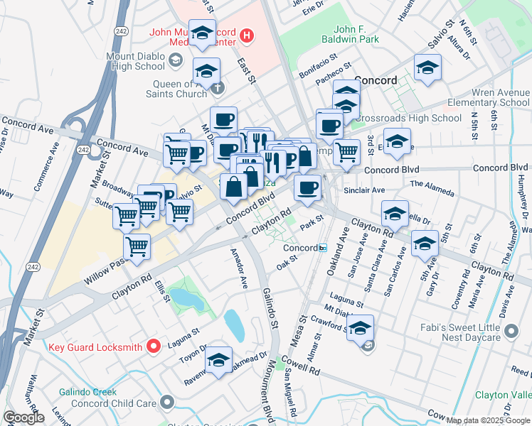 map of restaurants, bars, coffee shops, grocery stores, and more near 1755 Grant Street in Concord