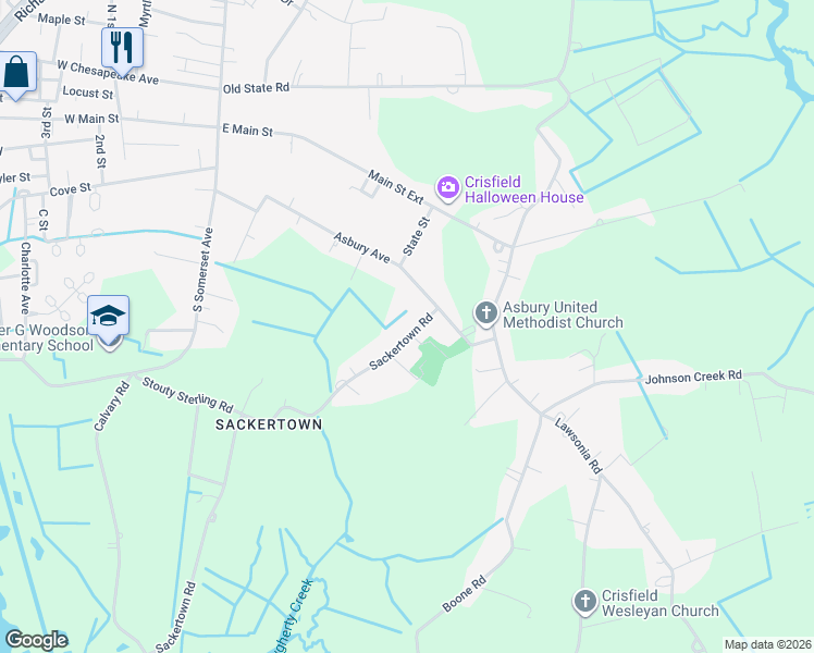map of restaurants, bars, coffee shops, grocery stores, and more near 3380 Sackertown Road in Crisfield
