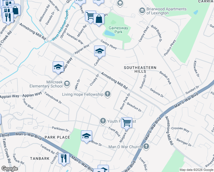 map of restaurants, bars, coffee shops, grocery stores, and more near 1348 Stephen Foster Drive in Lexington