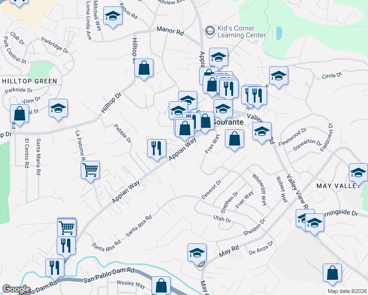 map of restaurants, bars, coffee shops, grocery stores, and more near 4950 Appian Way in El Sobrante