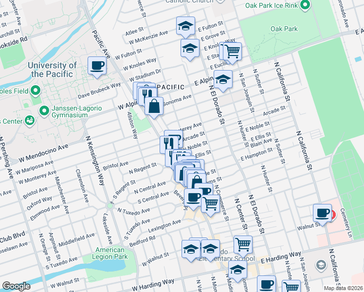 map of restaurants, bars, coffee shops, grocery stores, and more near 96 West Arcade Street in Stockton