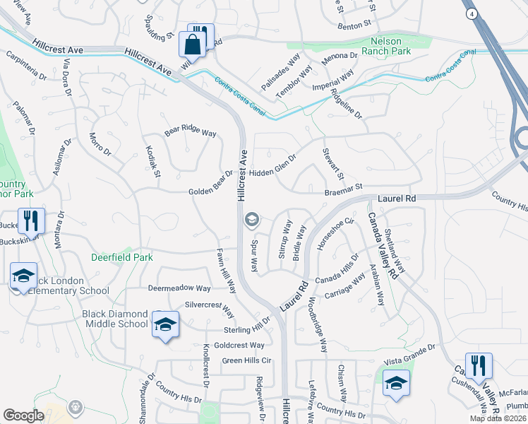 map of restaurants, bars, coffee shops, grocery stores, and more near 4908 Chaps Court in Antioch