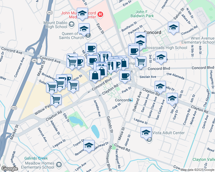 map of restaurants, bars, coffee shops, grocery stores, and more near 1755 Grant Street in Concord