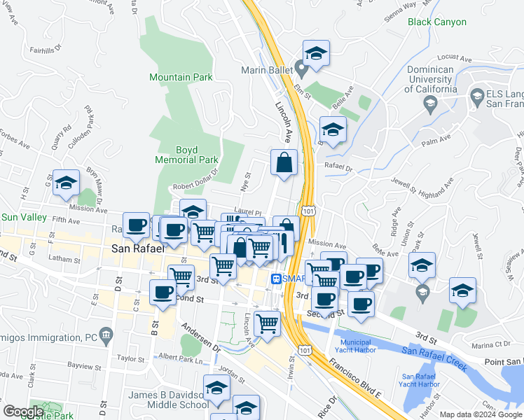 map of restaurants, bars, coffee shops, grocery stores, and more near 1310 Lincoln Avenue in San Rafael