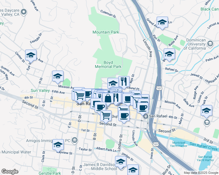 map of restaurants, bars, coffee shops, grocery stores, and more near 1122 Mission Avenue in San Rafael