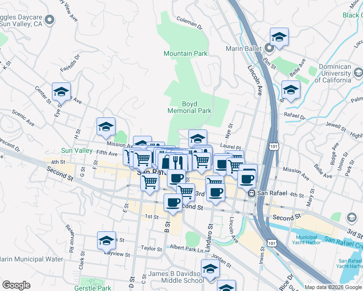 map of restaurants, bars, coffee shops, grocery stores, and more near 341 Laurel Place in San Rafael