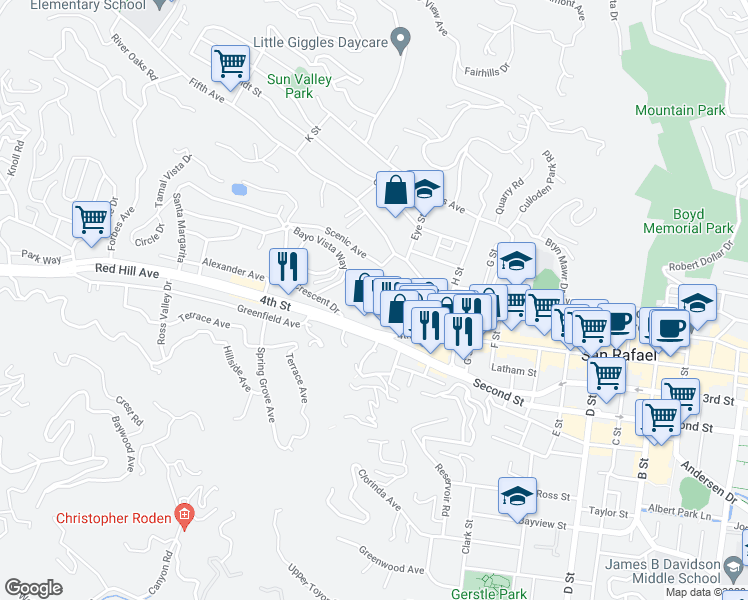 map of restaurants, bars, coffee shops, grocery stores, and more near 100 Bayo Vista Way in San Rafael