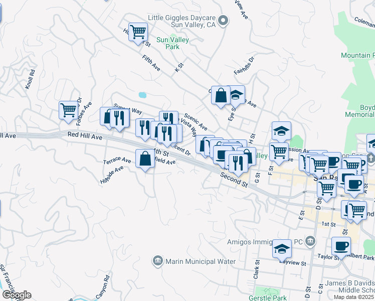 map of restaurants, bars, coffee shops, grocery stores, and more near 30 East Crescent Drive in San Rafael