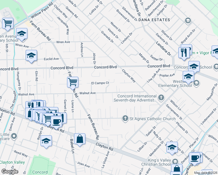 map of restaurants, bars, coffee shops, grocery stores, and more near 1712 Vernier Drive in Concord