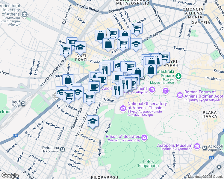 map of restaurants, bars, coffee shops, grocery stores, and more near in Athina