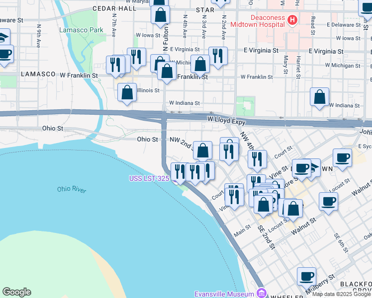 map of restaurants, bars, coffee shops, grocery stores, and more near 600 Northwest 2nd Street in Evansville