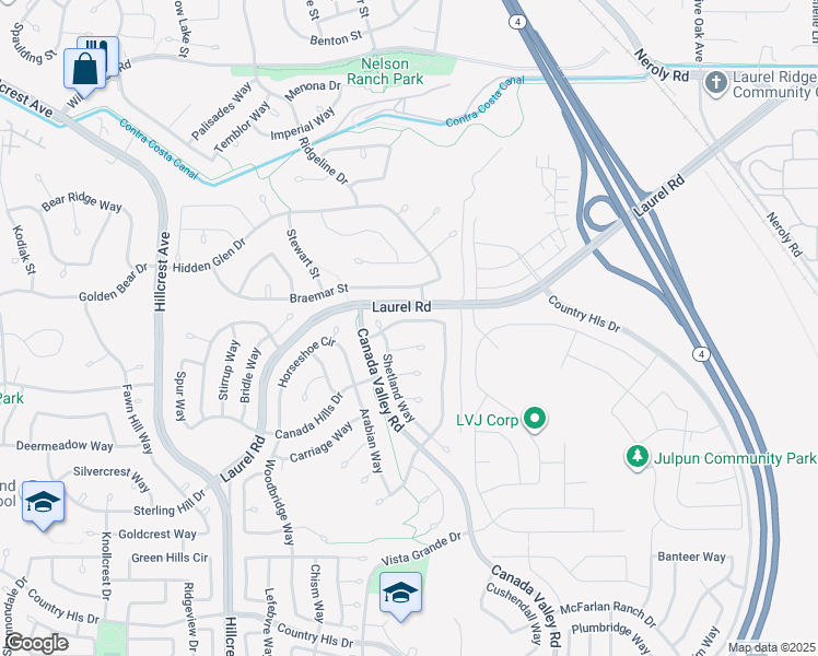 map of restaurants, bars, coffee shops, grocery stores, and more near 4521 Wagon Trail Way in Antioch