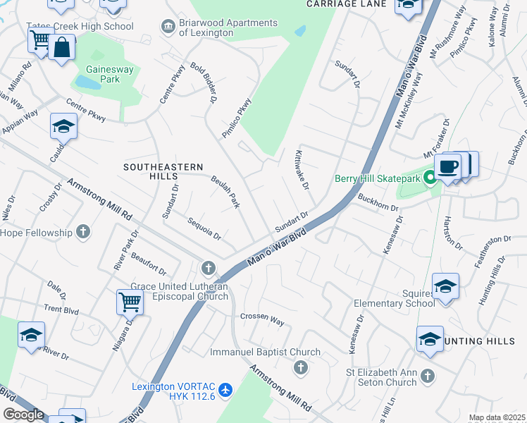 map of restaurants, bars, coffee shops, grocery stores, and more near 3684 Bold Bidder Drive in Lexington