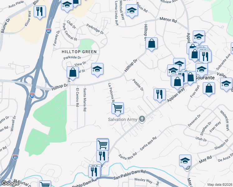 map of restaurants, bars, coffee shops, grocery stores, and more near 690 La Paloma Road in El Sobrante