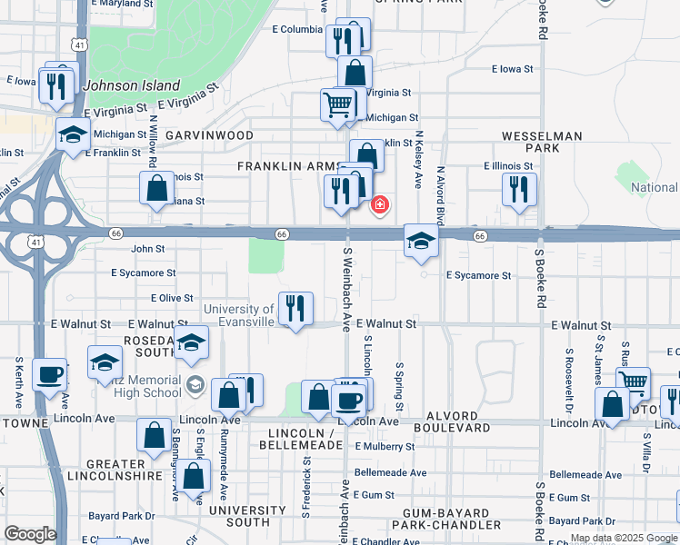 map of restaurants, bars, coffee shops, grocery stores, and more near 121 South Weinbach Avenue in Evansville