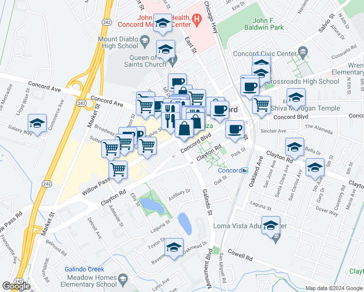 map of restaurants, bars, coffee shops, grocery stores, and more near 2041 Concord Boulevard in Concord