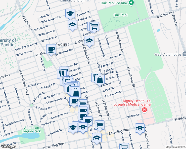 map of restaurants, bars, coffee shops, grocery stores, and more near N El Dorado St & E Ellis St in Stockton