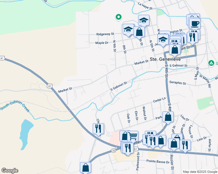map of restaurants, bars, coffee shops, grocery stores, and more near 175 South 10th Street in Ste. Genevieve