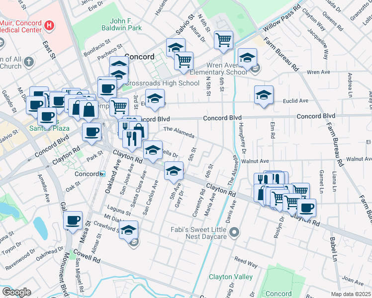 map of restaurants, bars, coffee shops, grocery stores, and more near 1626 Deardorff Lane in Concord
